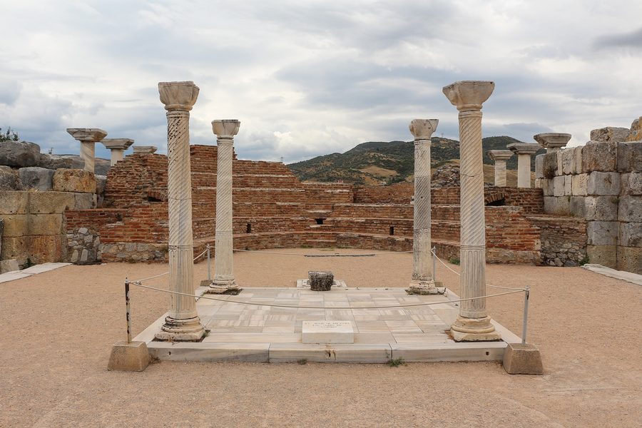 The four marble columns standing over the tomb of Saint John inside his basilica at Selçuk