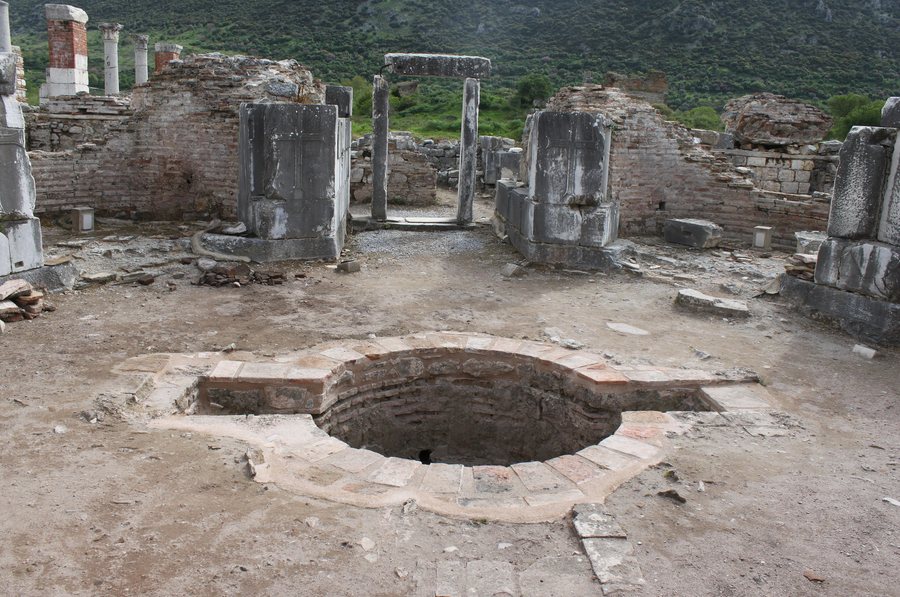 The round brick baptismal font in the baptistery of the Church of Mary at Ephesus