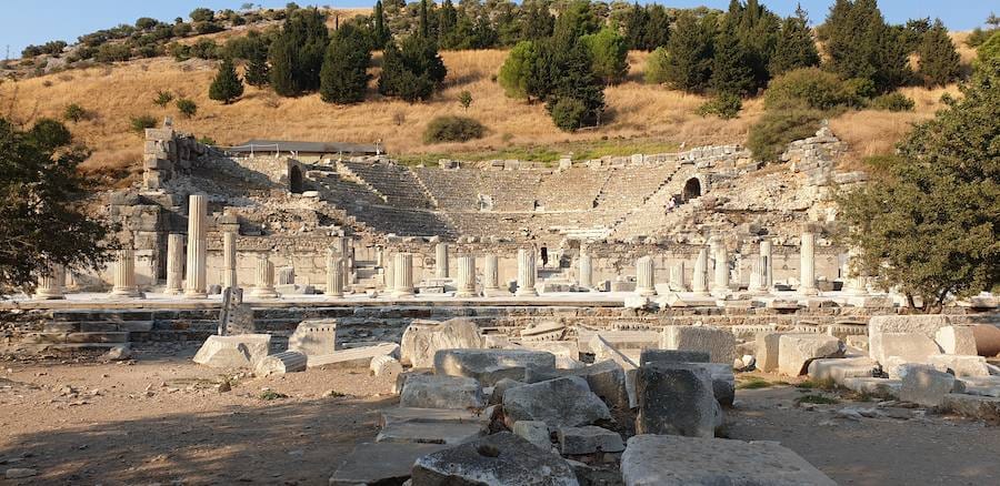 Day 1 begins here: the Odeon at the top of ancient Ephesus, where the marble streets start their run down toward the Library of Celsus.