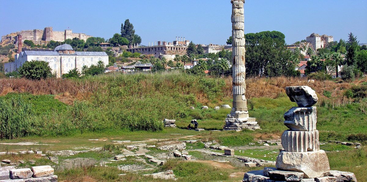 One re-erected column and the flooded foundations of the Temple of Artemis at Selçuk