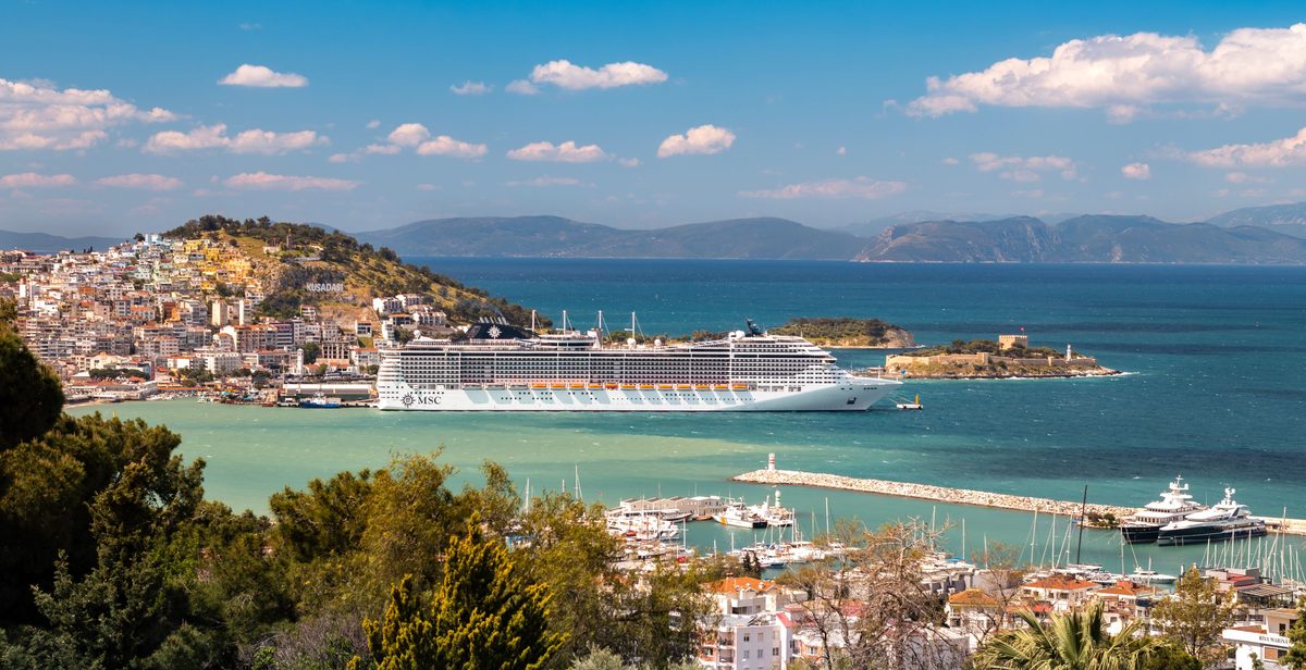 A cruise ship berthed at Kuşadası beside Pigeon Island, the Aegean port most Ephesus visitors arrive through